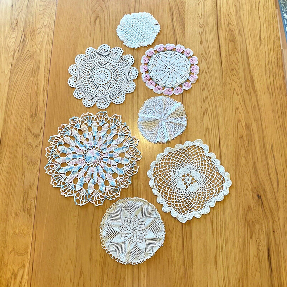 Handcrafted Other - Vintage Hand Crocheted Doilies Doily Pastel Pink Blue White Delicate Lot of 7